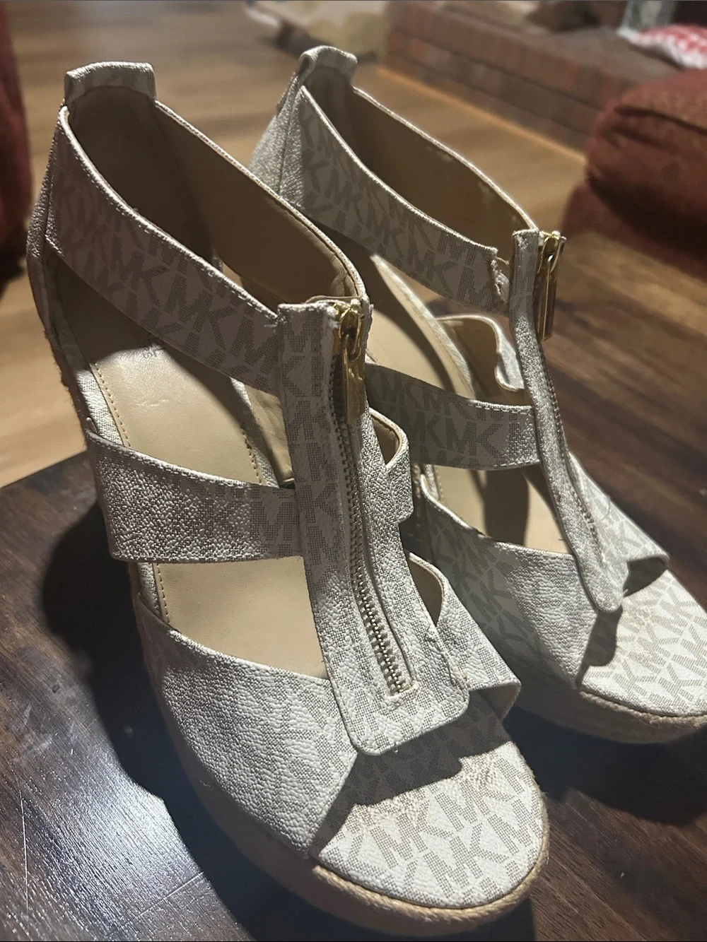 Michael Kors Neutral MK Signature Espadrille Wedge Sandals